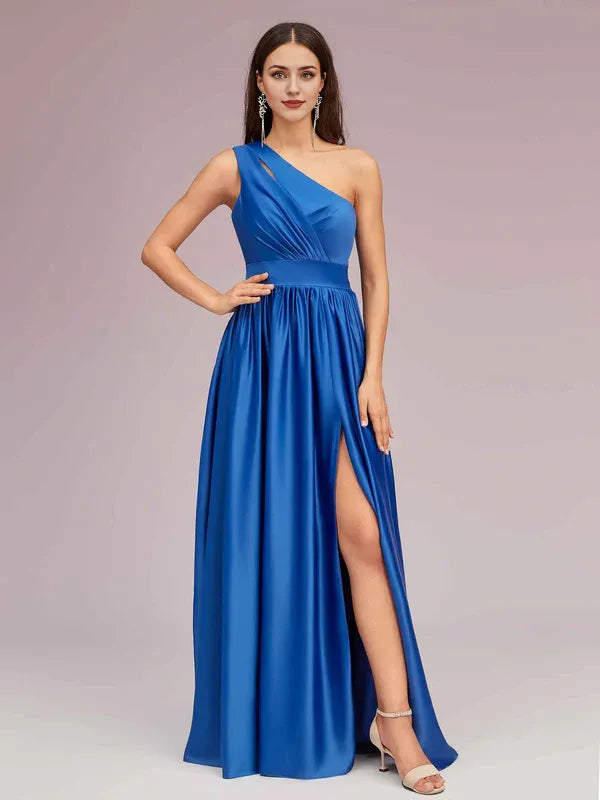 Robe Weitese unique, robe longue asymétrique à une épaule, fente latérale, satin doux, robes de bal plissées pour remise de diplôme